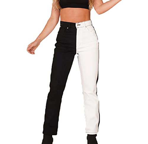 keephen Lässige Jeans für Damen Lässige lockere gerade Denim-Hosen Mode-Patchwork-Stretch-Jeans mit hoher Taille von keephen