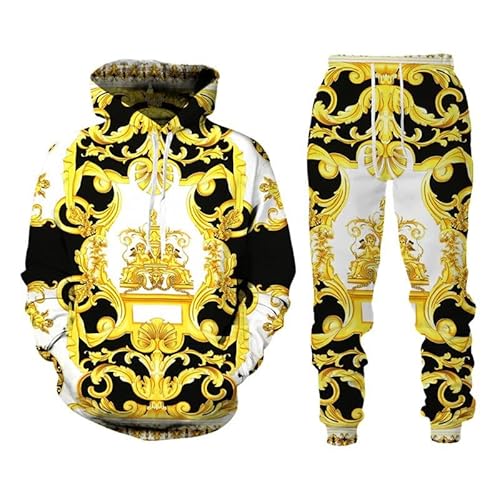 keephen Luxus Goldene Kette 3D gedruckt Herren Winter Hoodie + Sweatpants 2 Stück Set Barock Stil Sportbekleidung Outfits Trainingsanzug von keephen