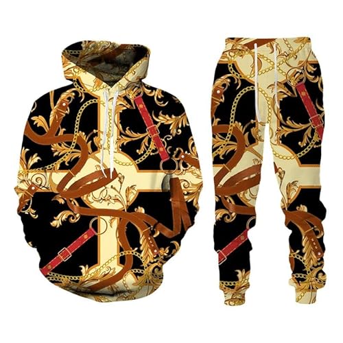 keephen Luxus Goldene Kette 3D gedruckt Herren Winter Hoodie + Sweatpants 2 Stück Set Baroque Stil Sportbekleidung Outfits Trainingsanzug von keephen