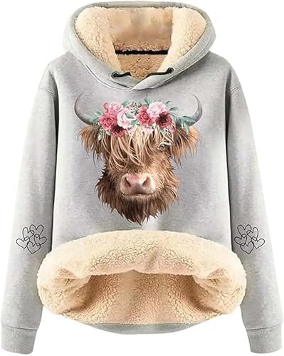keephenDE Damen Highland Cow 3D-gedruckte Hoodies Lustige Grafik Sherpa Fleece Pullover Sweatshirts Country Western Langarmpullover Tops von keephenDE