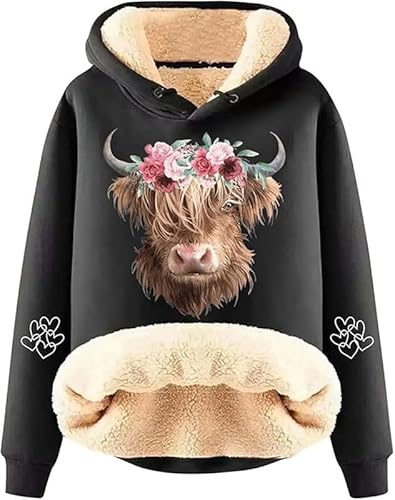 keephenDE Damen Highland Cow 3D-gedruckte Hoodies Lustige Grafik Sherpa Fleece Pullover Sweatshirts Country Western Langarmpullover Tops von keephenDE