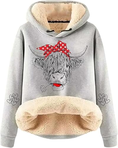 keephenDE Damen Highland Cow 3D-gedruckte Hoodies Lustiges Rind Grafikdruck Fleece gefüttert Sherpa Langarmpullover Sweatshirts Pullover Tops von keephenDE