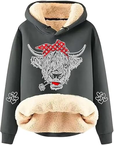 keephenDE Damen Highland Cow 3D-gedruckte Hoodies Lustiges Rind Grafikdruck Fleece gefüttert Sherpa Langarmpullover Sweatshirts Pullover Tops von keephenDE