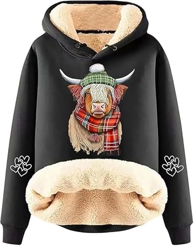keephenDE Damen Highland Cow 3D-gedruckte Hoodies Lustiges Rind Grafikdruck Fleece gefüttert Sherpa Langarmpullover Sweatshirts Pullover Tops von keephenDE