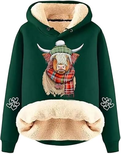 keephenDE Damen Highland Cow 3D-gedruckte Hoodies Lustiges Rind Grafikdruck Fleece gefüttert Sherpa Langarmpullover Sweatshirts Pullover Tops von keephenDE
