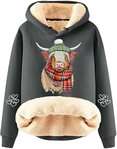 keephenDE Damen Highland Cow 3D-gedruckte Hoodies Lustiges Rind Grafikdruck Fleece gefüttert Sherpa Langarmpullover Sweatshirts Pullover Tops von keephenDE