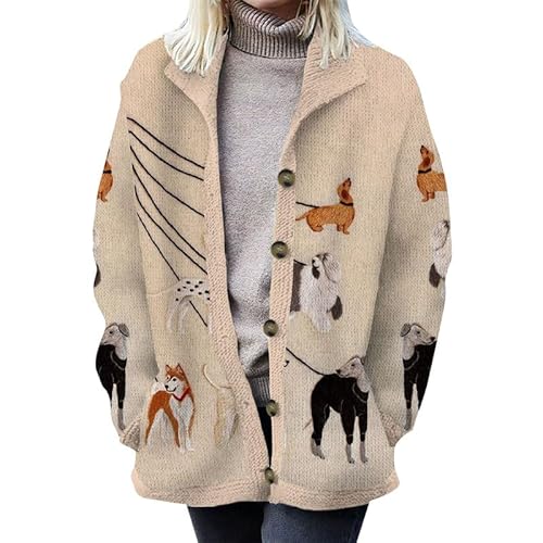 keephenDE Damen Knöpfe Strickjacke Freizeit Bedruckter Pullover Revers Ausschnitt Langarm Strickjacke Strickpullover Vorne offen Herbstjacke Damen Winter Herbst Mantel von keephenDE
