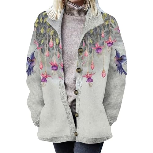 keephenDE Damen Knöpfe Strickjacke Freizeit Bedruckter Pullover Revers Ausschnitt Langarm Strickjacke Strickpullover Vorne offen Herbstjacke Damen Winter Herbst Mantel von keephenDE