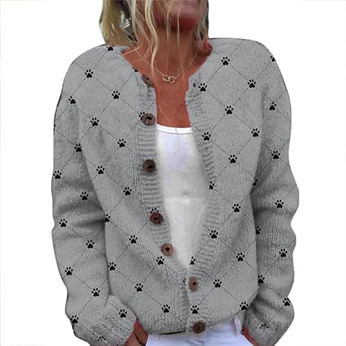 keephenDE Damen Knöpfe Strickjacke Katze Pfote Bedruckter Pullover Rundhalsausschnitt Langarm Strickjacke Strickpullover Vorne offen Herbstjacke Damen Winter Herbst Mantel von keephenDE