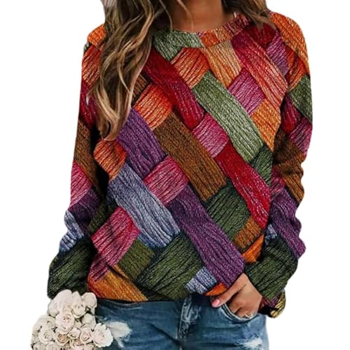 keephenDE Frauen Bunte Wolle Garn Muster 3D gedruckt Rundhalsausschnitt Langarm lose Pullover Retro Oversized Sweatshirt von keephenDE