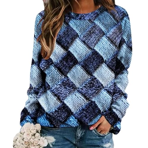 keephenDE Frauen Bunte Wolle Garn Muster 3D gedruckt Rundhalsausschnitt Langarm lose Pullover Retro Oversized Sweatshirt von keephenDE