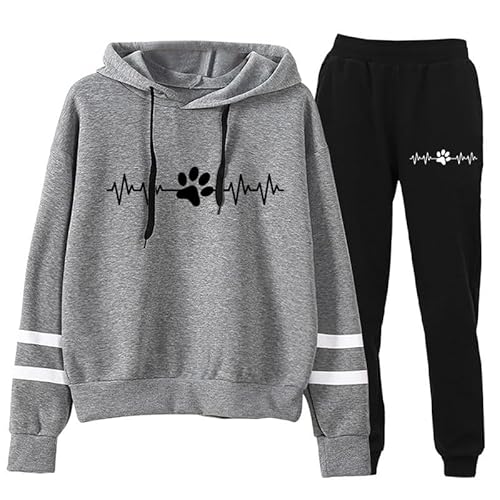 keephenDE Trainingsanzug zweiteiliges Set für Frauen Hundepfote Herz 3D-gedrucktes Sweatshirt und Jogginghose Set Lässiges Sportbekleidungsset mit Kapuze von keephenDE