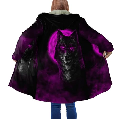 keephenDE Winter Herrenmantel Schöner Stammes Eingeborener Wolf 3D Gedruckt Dicker Fleece Kapuzenmantel Unisex Beiläufiger Warmer Cape Mantel von keephenDE
