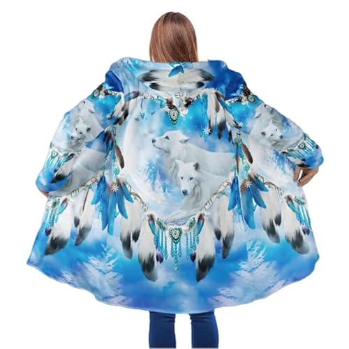 keephenDE Winter Herrenmantel Schöner Stammes Eingeborener Wolf 3D Gedruckt Dicker Fleece Kapuzenmantel Unisex Beiläufiger Warmer Cape Mantel von keephenDE