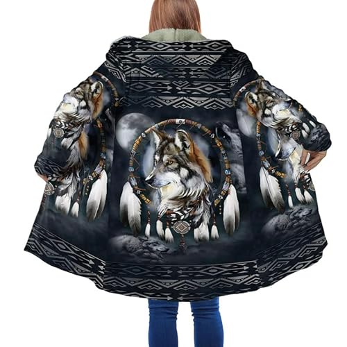 keephenDE Winter Herrenmantel Schöner Stammes Eingeborener Wolf 3D Gedruckt Dicker Fleece Kapuzenmantel Unisex Beiläufiger Warmer Cape Mantel von keephenDE