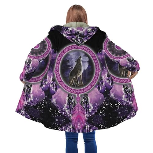 keephenDE Winter Herrenmantel Schöner Stammes Eingeborener Wolf 3D Gedruckt Dicker Fleece Kapuzenmantel Unisex Beiläufiger Warmer Cape Mantel von keephenDE