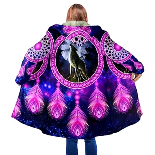 keephenDE Winter Herrenmantel Schöner Stammes Eingeborener Wolf 3D Gedruckt Dicker Fleece Kapuzenmantel Unisex Beiläufiger Warmer Cape Mantel von keephenDE
