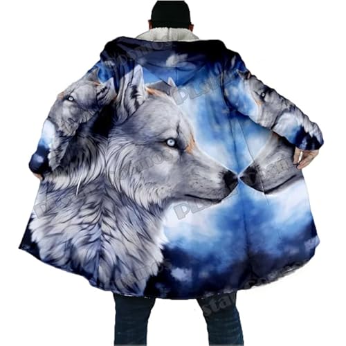 keephenDE Winter Herrenmantel Schöner Stammes Eingeborener Wolf 3D Gedruckt Dicker Fleece Kapuzenmantel Unisex Beiläufiger Warmer Cape Mantel von keephenDE