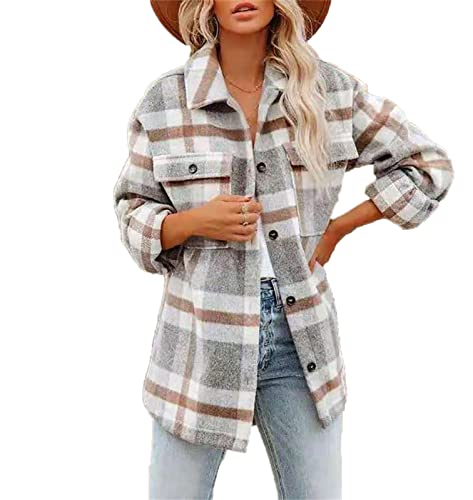 Damen Check Button Down Hemd Standard Langarmhemd Lässig kariert Loser Oversize Mantel Mantel mit Tasche von keepmore