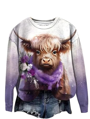 Damen Sweatshirt Highland Cow 3D-Gedruckter Pullover Pullover Lustiger Grafikdruck T-Shirt Langarm Herbst Winter Oberteile in Übergröße von keepmore