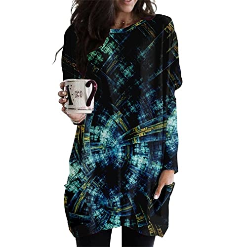 Damen-T-Shirt-Kleider mit abstraktem Grafikdruck und Langen Ärmeln, Damen-Pullover-T-Shirt-Kleider, Freizeitkleid in Übergröße mit Taschen von keepmore