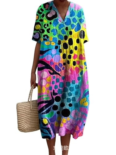 Damen V-Ausschnitt Boho Gesmokt Maxikleider Sommer Blumendruck Kurzarm Kleid Locker Casual Strand Urlaub Langes Kleid von keepmore