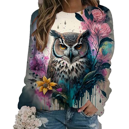 Eule 3D-gedrucktes Sweatshirt für Frauen Langarm-T-Shirt Casual Rundhalsausschnitt Lustige Grafik Pullover Pullover Tops Bluse von keepmore