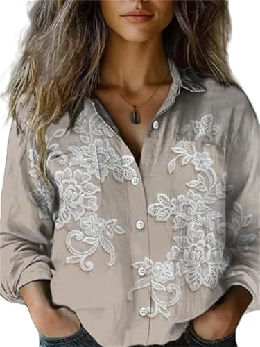Frauen Ethnisch Abstrakt Strickjacke Tops Blumen Herz 3D-gedruckt Vintage Knöpfe Verschluss Langarm Taschen Leinen Hemd Lose Urlaub Boho Blusen von keepmore
