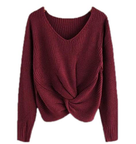 Frauen Knoten vorne Oben Langarm Rundhals Wrap Twist Bluse Tops Jumper Pullover von keepmore