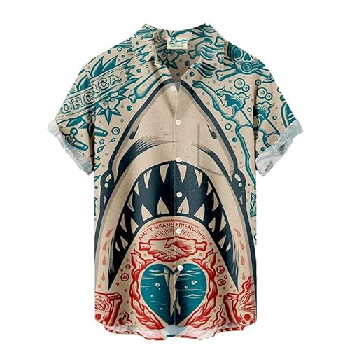 Herren Hawaii-Hemd Mode Sommer Hai Print Button Top Casual Revers Regular Fit T-Shirt Herren Sommer Street Button Down Hemd mit kurzen Ärmeln Herren Hawaii-Hemd Mode Sommer Hai Print Button Top Casual Revers Regular Fit T-Shirt Herren Sommer Street Button Down Hemd mit kurzen Ärmeln von keepmore