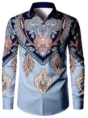 Herren Hawaii Hemden Indianer Wolf Bedruckt Langarm Button Down Hemden Native Style Reverskragen Bluse Top von keepmore