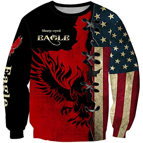 Herren Herbst Mode Lässig 3D Gedruckt Langarm Sweatshirt Amerikanische Flagge Adler Print Rundhalsausschnitt Langarm Pullover Tops von keepmore