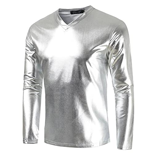 Herren-Oberteile aus glänzendem Metallic-Leder mit V-Ausschnitt, einfarbig, glänzend, T-Shirt, Hip Hop, Nachtclub, Party, Blusenoberteile von keepmore