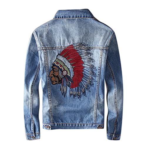 Herren Retro Blue Indian Chief Stickerei Jeansjacken Herren Hip Hop Punk Mäntel von keepmore