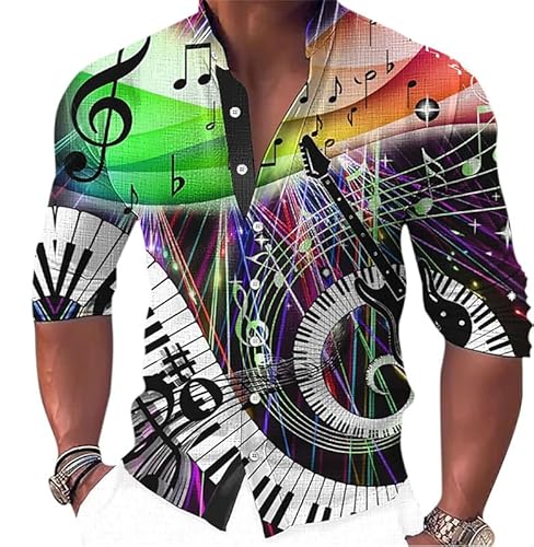 Herren Retro-Hemd Musik-Serie Instrument 3D gedruckt Stand Kragen Langarm-Shirts Mode Vintage Klavier Muster Knopf Bluse Hawaii Strand Top von keepmore