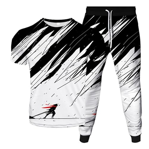 Herren Schwarz Weiß 3D gedrucktes T-Shirt + Jogginghose Set Sommer Trainingsanzug Outdoor Zweiteiler Set Freizeit Sportbekleidung von keepmore