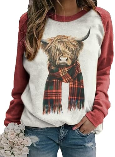 Highland Cow 3D-Print-Sweatshirt für Damen Lustiges T-Shirt mit Tiergrafik-Druck Langarm Lässiger Rundhalspullover Pullover Oberteile von keepmore