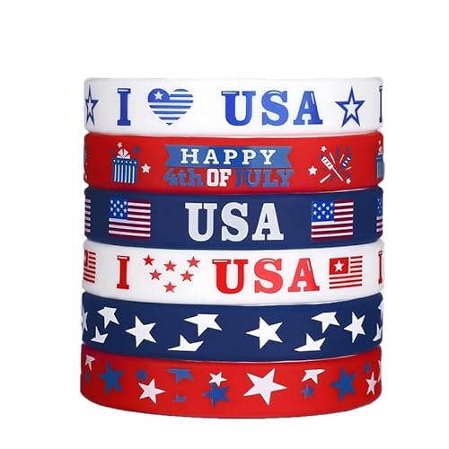 keepmore 6 Stück Amerikanische Flagge Gummiarmbänder USA Unabhängigkeitstag Silikonarmbänder Farbige Stretch-Armbänder Armbänder für die Party am 4. Juli von keepmore