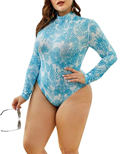 keepmore Damen Einteiler Surf Badeanzug Neoprenanzug Langarm Rash Guard UV Schutz Übergröße Bademode Reißverschluss vorne Blumendruck Bademode Badeanzug von keepmore