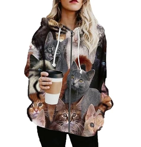 keepmore Damen Kapuzenpullover mit Reißverschluss Süße Katze 3D-gedruckte Langarm-Sweatshirts Y2K Oversized Kapuzenjacken Leichte Outfits mit Taschen von keepmore