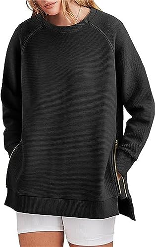 keepmore Damen Rundhalsausschnitt Langarm Oberteile Seite Schlitz Reißverschluss Locker Lässiger Strickpullover Sweatshirts Bluse von keepmore