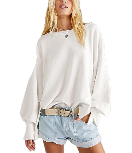 keepmore Damen Sweatshirts Lockere Pullover Damen Rundhalsausschnitt Einfarbige Langarmoberteile Seitenschlitz von keepmore