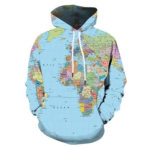 keepmore Herren 3D Weltkarte Hoodie Langarm Lässiges 3D-Print Sweatshirt Jacke Sport Pullover Kapuzenpullover mit Tasche von keepmore