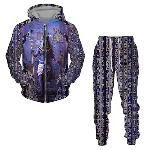 keepmore Herren Ägypten 3D gedruckt Kapuzenpulli mit Reißverschluss Hose Set Herren Trainingsanzug Winter und Herbst Sportbekleidung Anzug von keepmore