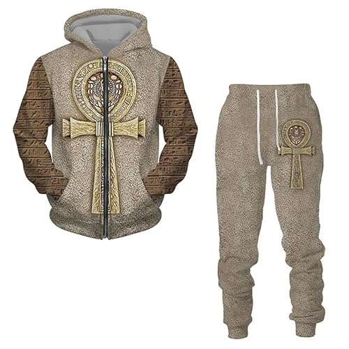 keepmore Herren Ägypten 3D gedruckt Kapuzenpulli mit Reißverschluss Hose Set Herren Trainingsanzug Winter und Herbst Sportbekleidung Anzug von keepmore