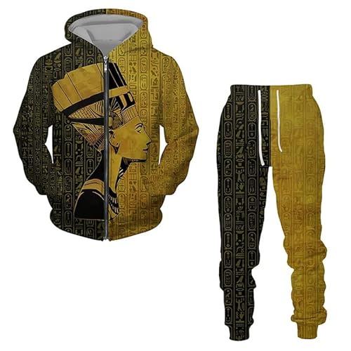 keepmore Herren Ägypten 3D gedruckt Kapuzenpulli mit Reißverschluss Hose Set Herren Trainingsanzug Winter und Herbst Sportbekleidung Anzug von keepmore