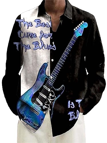 keepmore Herren Casual Revers Hemden Gitarre 3D gedruckte Langarm Hemden Outdoor Street Top Casual Button Down Hemden von keepmore