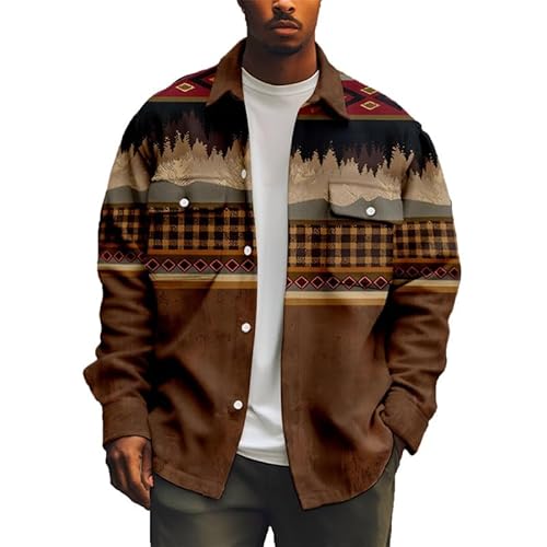 keepmore Herren Cordhemd im afrikanischen Ethnostil Langärmeliges Jackenhemd mit normaler Passform Standard Slim-Fit Button Down Hemd mit Brusttasche mit Patte von keepmore