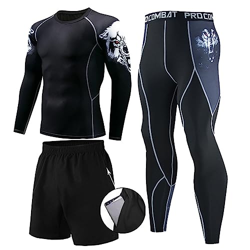keepmore Herren Langarm Kompression Set 3-teilig Anzüge Schnell trocknend Neoprenanzug Schwimmen Baselayer Top für Fitnessstudio, Laufen, Radfahren, Wandern, Training von keepmore