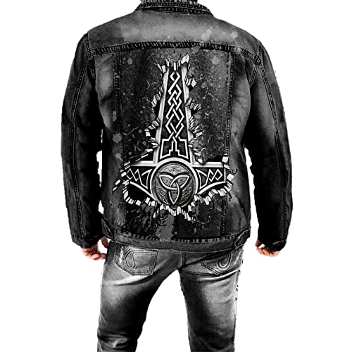 keepmore Herren Retro Jeansjacke Viking Tattoo Print Mode Langarm Umlegekragen Jeansjacke Mantel von keepmore